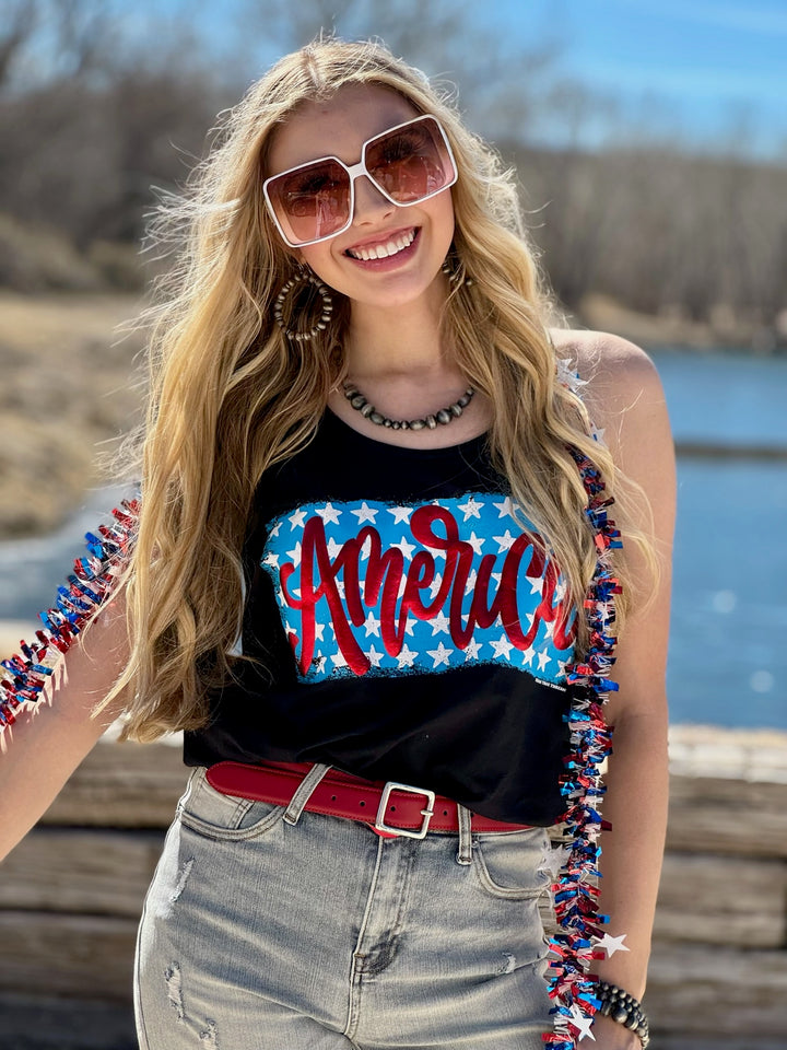 America on Stars in Red Metallic Puff Tank by Texas True Threads