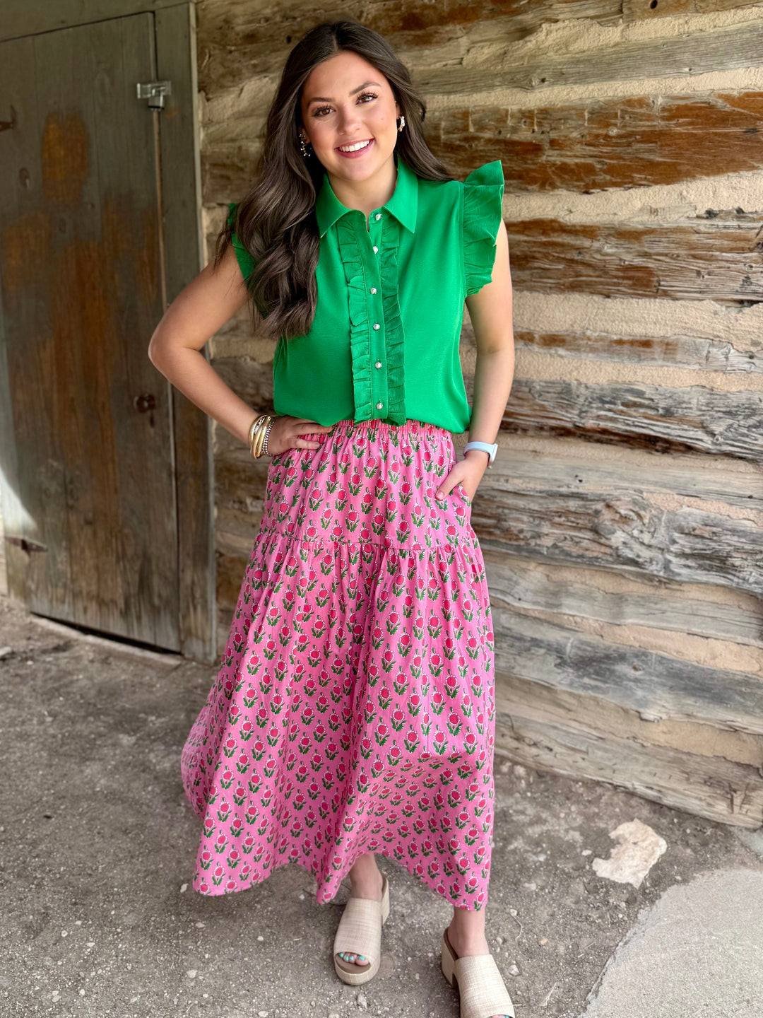 Evening Grace Short Sleeve Pearl Button Down Blouse