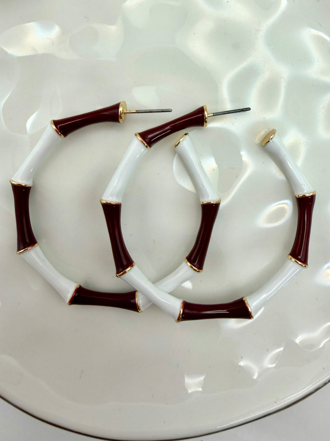 Maroon and White Bamboo Style Hoop Earrings