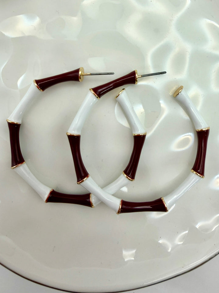 Maroon and White Bamboo Style Hoop Earrings