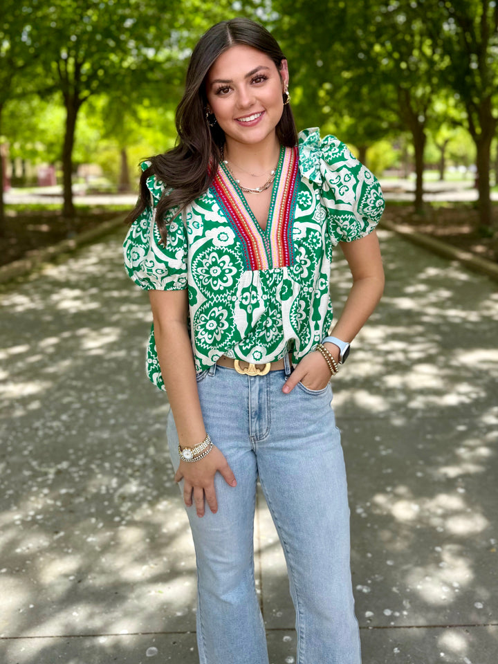 Color Thread V-Neck Green Top
