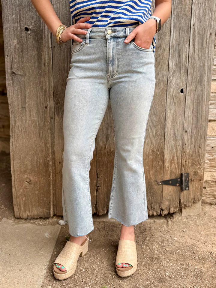Quinn Mid Rise Raw Hem Kick Flare Jean by Judy Blue