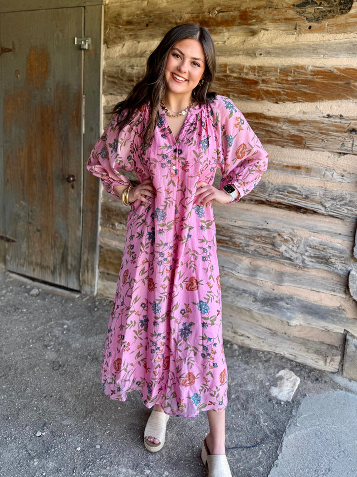 Petals & Grace V-Neck Pink Maxi Dress