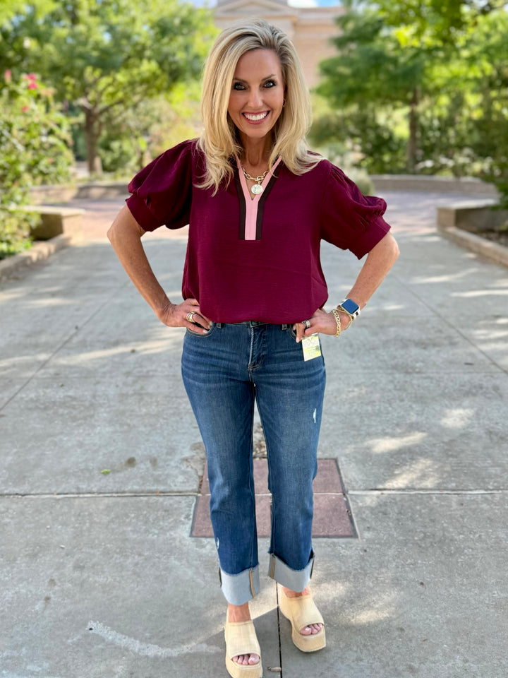 Sip & Style Maroon V-Neck Blouse