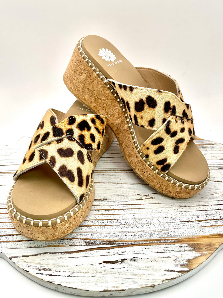 Venture Leopard Cork Heeled Wedge by Yellow Box