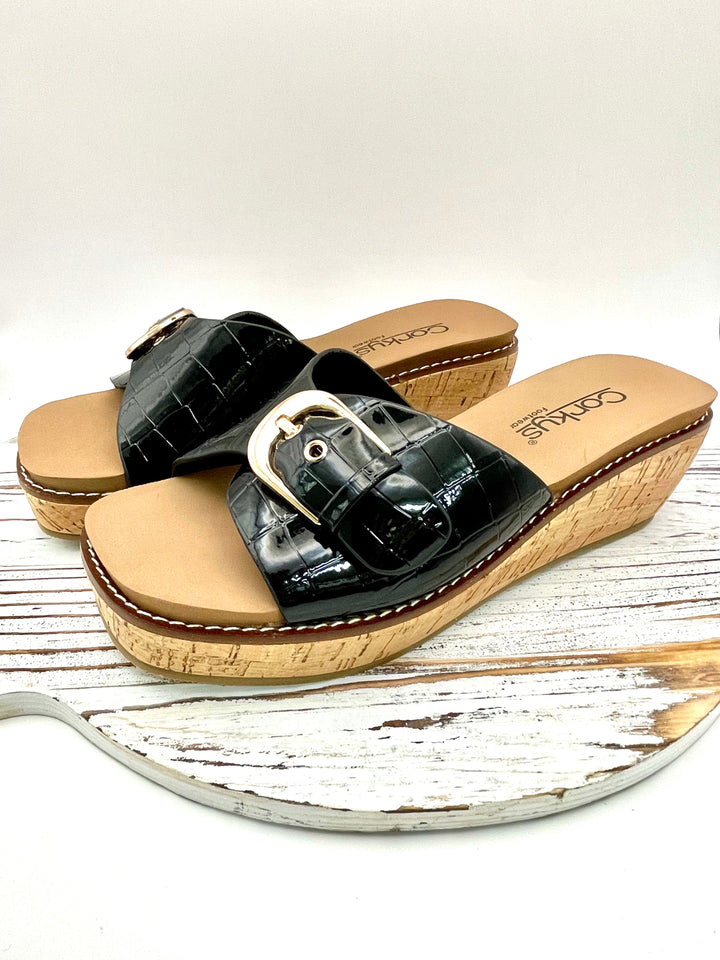 Reality Wedge Sandal in Black Croco by Corkys