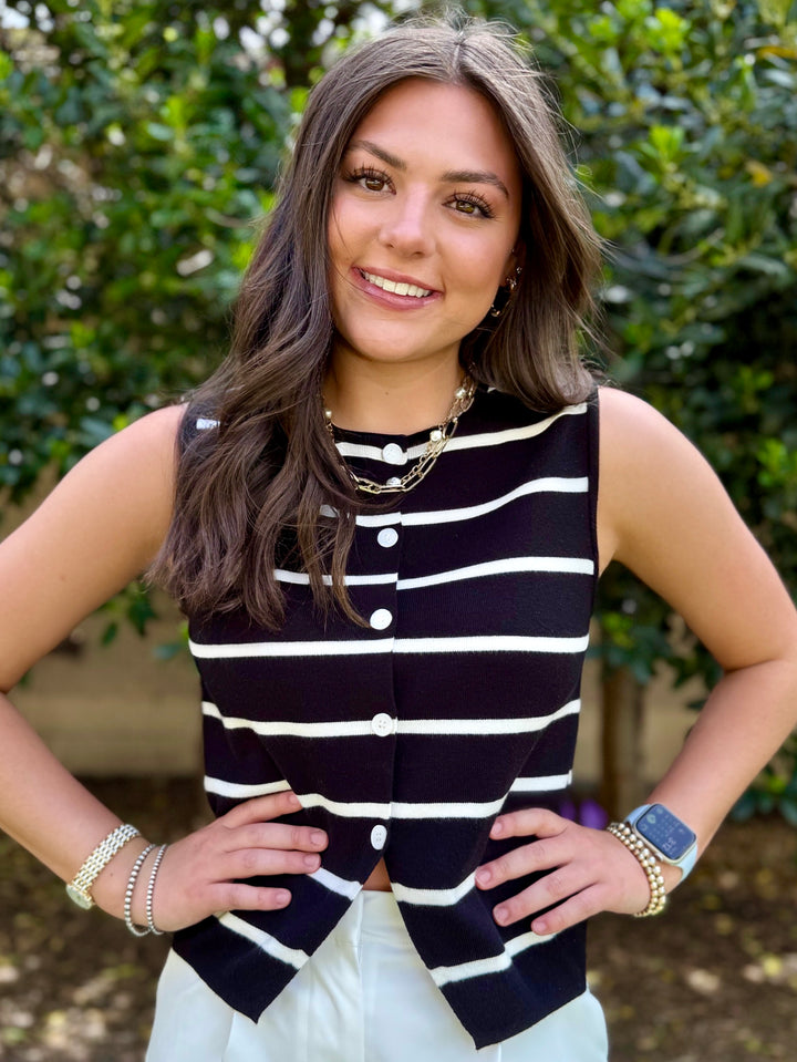 Stroll In Stripes Black Vest Top