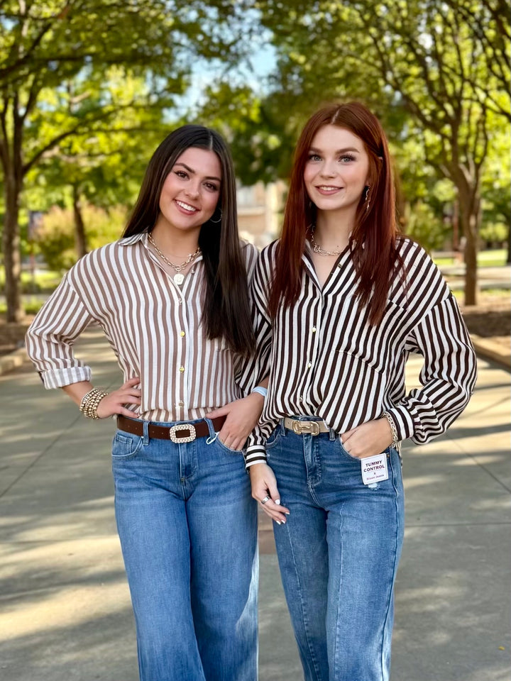 Button Up & Brew Striped Button Up Top