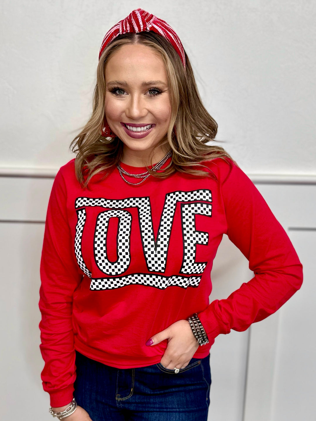 Funky Checkered Love Long Sleeve Tee by Texas True Threads