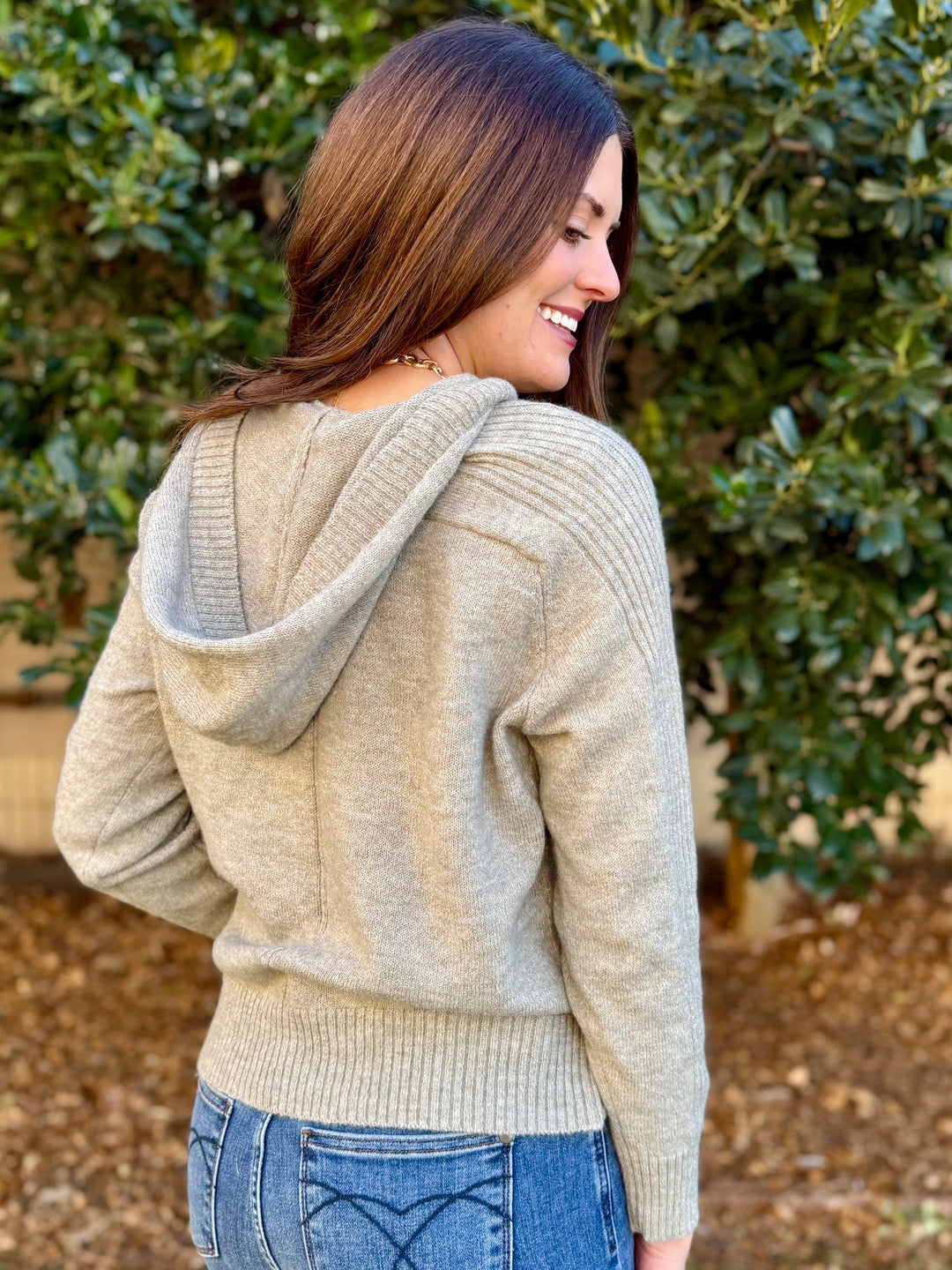 Knit and Cozy Taupe V-Neck Hoodie
