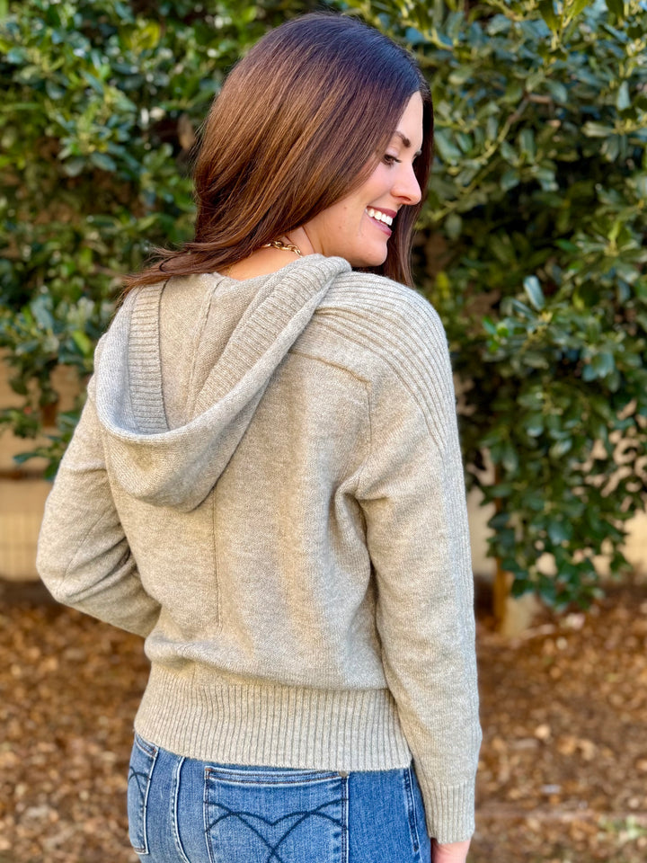 Knit and Cozy Taupe V-Neck Hoodie