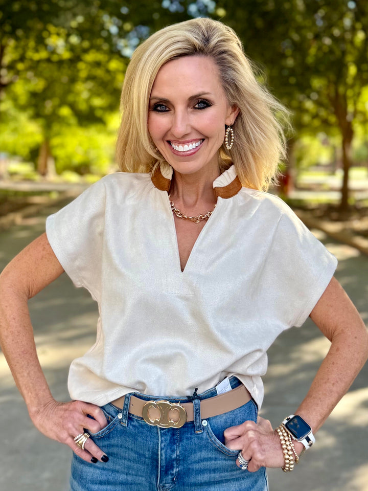 Suedewell Cream Suede V-Neck Top by THML