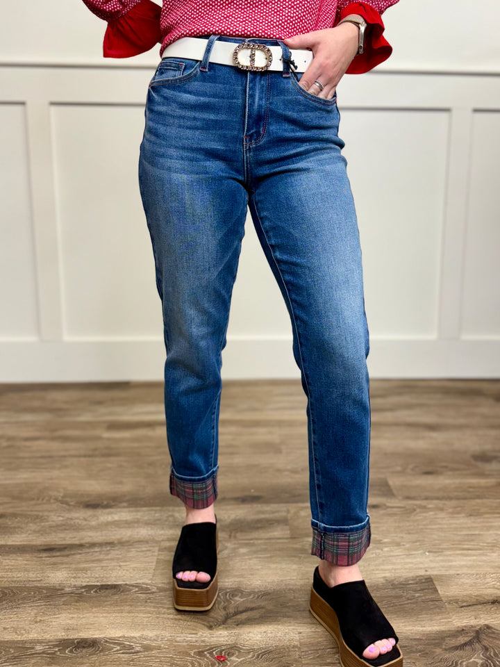 Amara Midrise Boyfriend Plaid Cuff Jean by Judy Blue