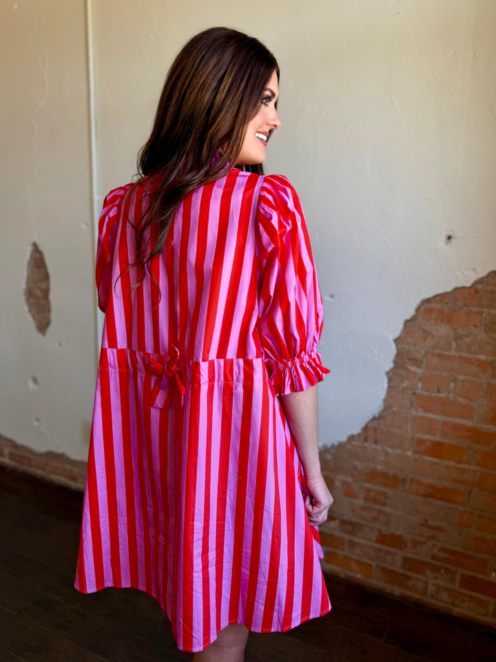 Blushing Pink Striped Puff Sleeve Dress