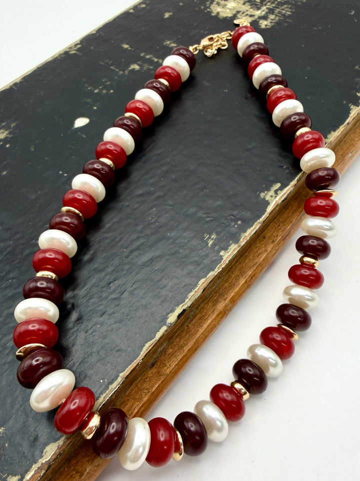 Maroon and Pearl Beaded Necklace