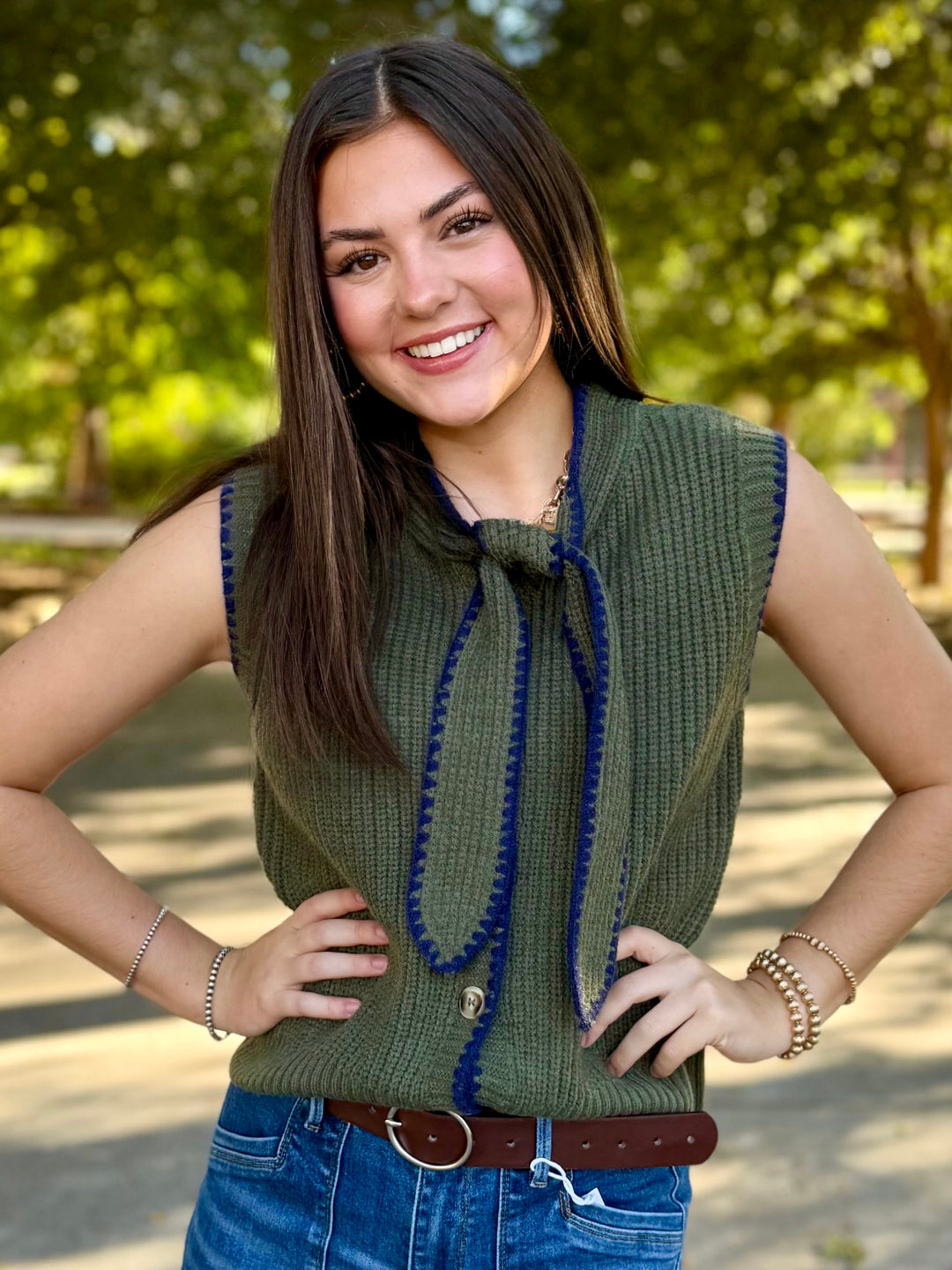 So Me Green Tie Neck Sweater Vest