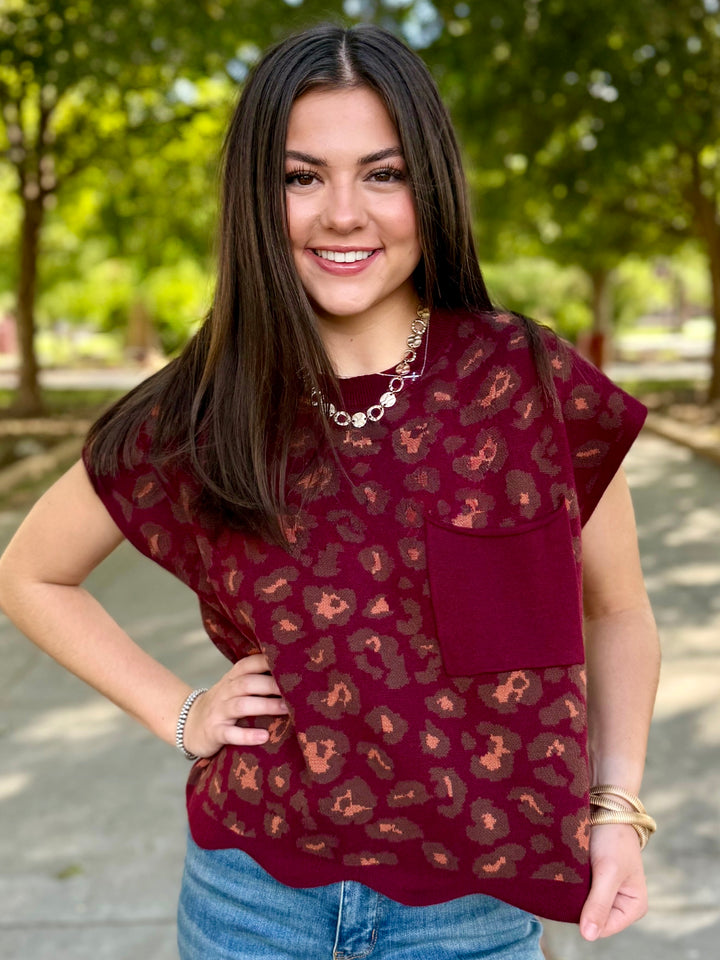Wild Maroon Leopard Sweater Vest