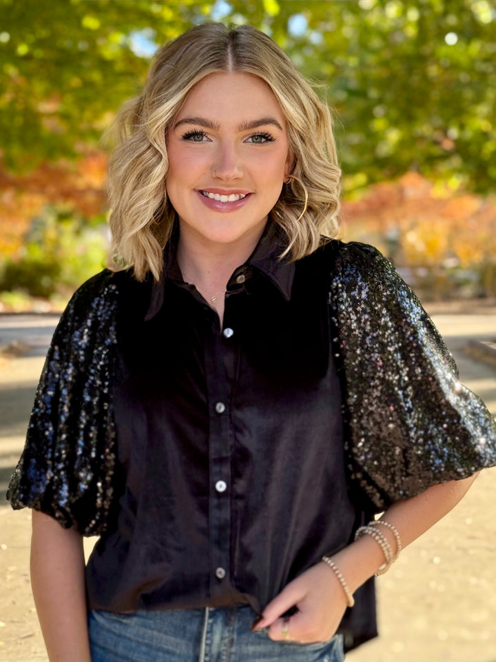 Spinning Sequin Puff Sleeve Velvet Top