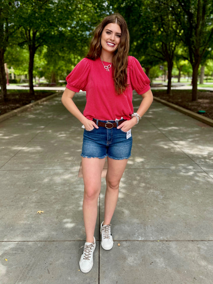 Easy Breezy Red Ribbed Puff Sleeve Top