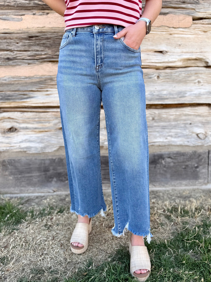 Serenity High Rise Wide Leg Crop Distressed Hem by Risen