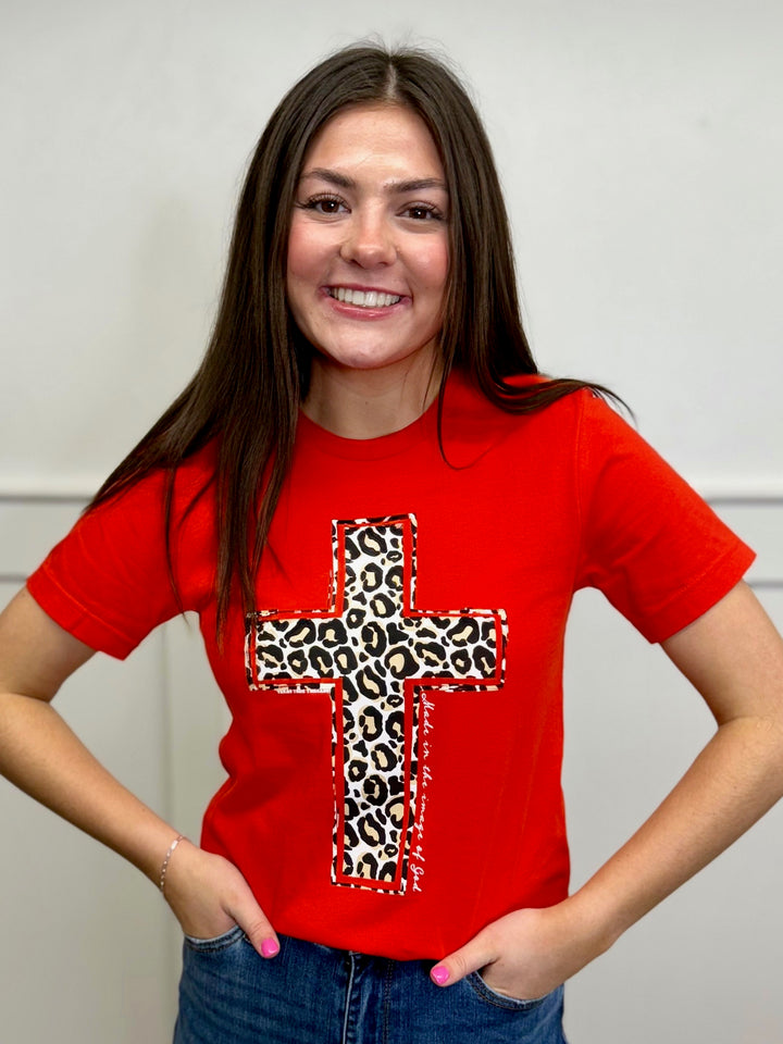 Leopard Cross on Poppy Tee by Texas True Threads