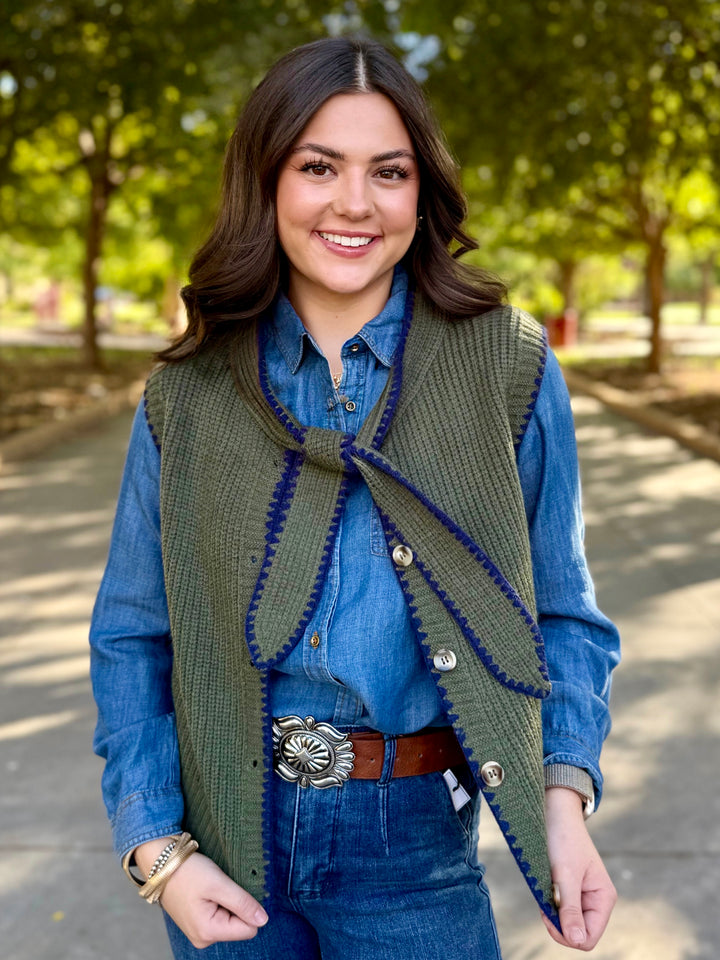 So Me Green Tie Neck Sweater Vest