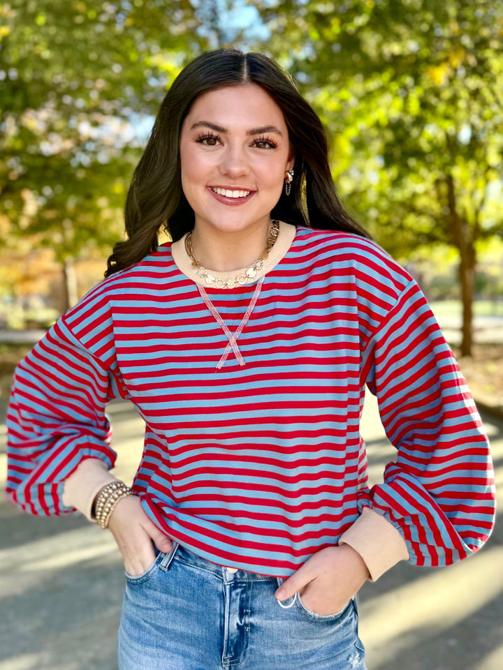 Red & Blue Striped Weekend Top
