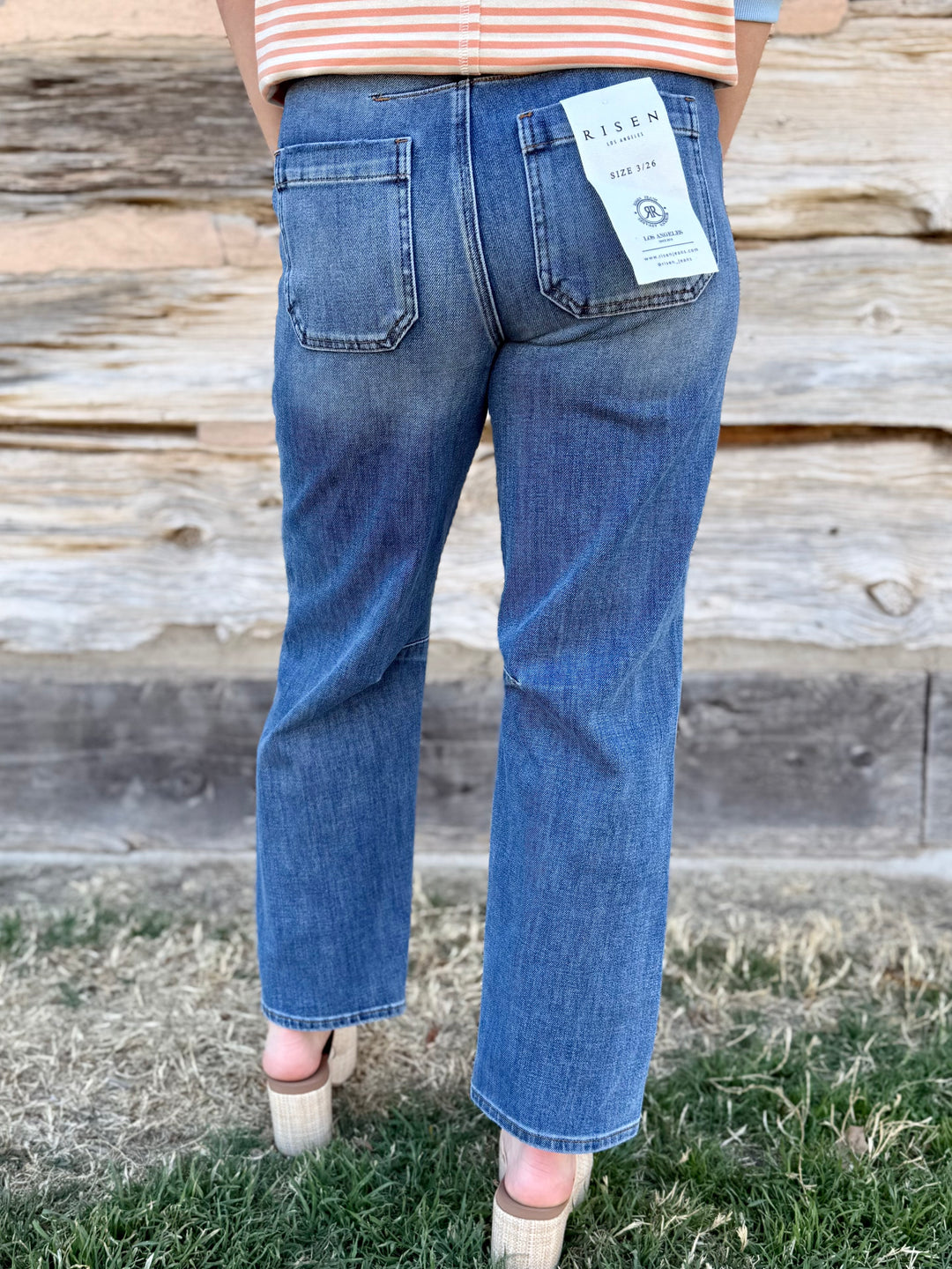 Clover Mid Rise Patch Pocket Barrel Jean by Risen