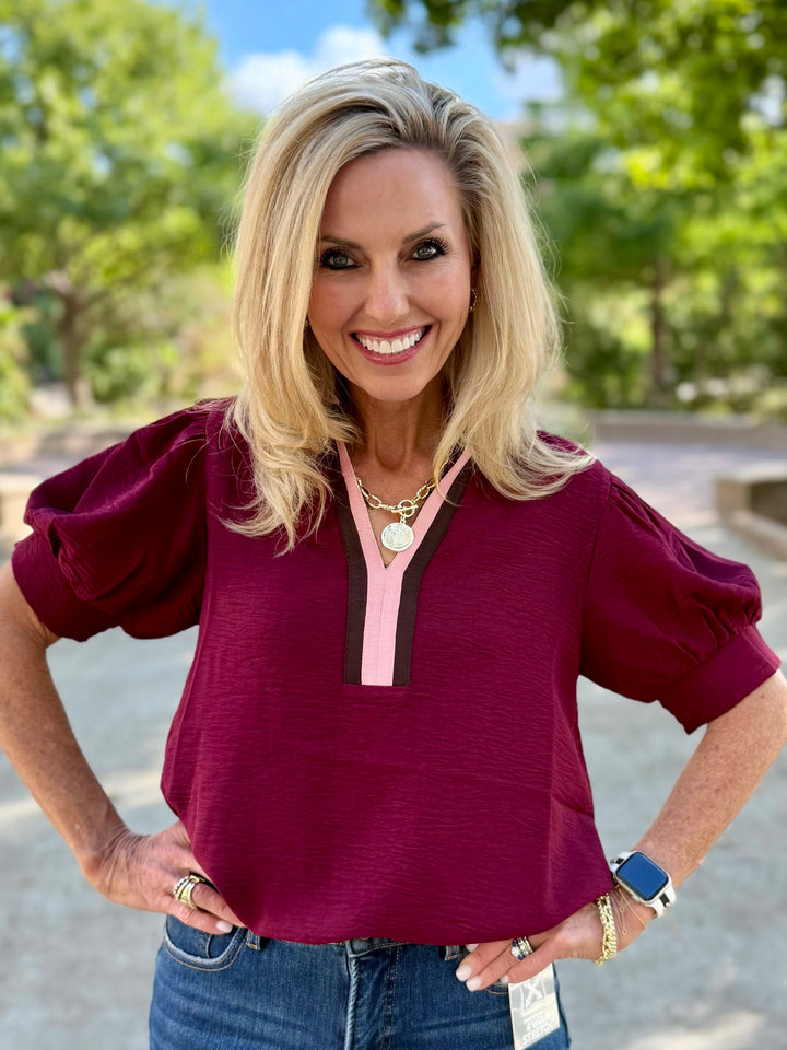 Sip & Style Maroon V-Neck Blouse