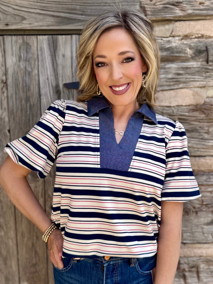 Weekend in Stripes V-Neck Top