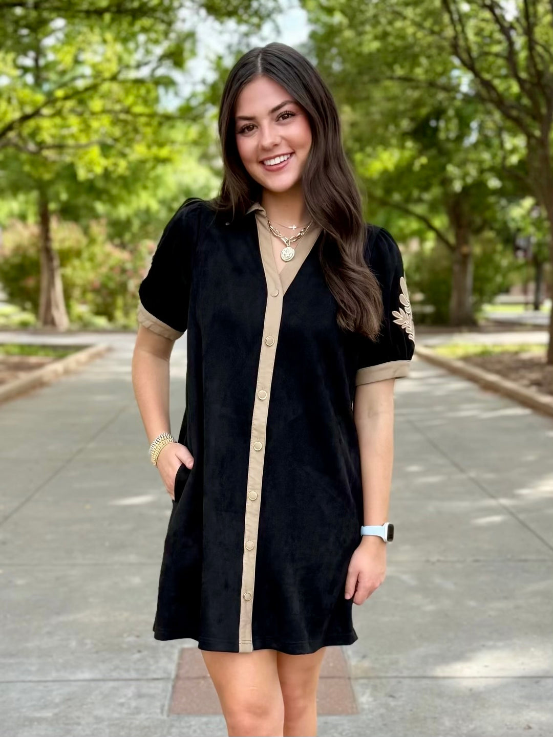 Suede Statement Black Button Up Dress