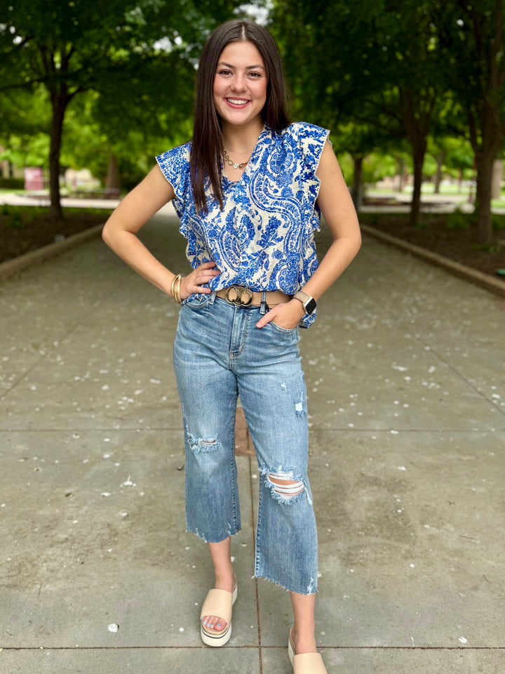 Summers Flutter Sleeve Blouse in Blue