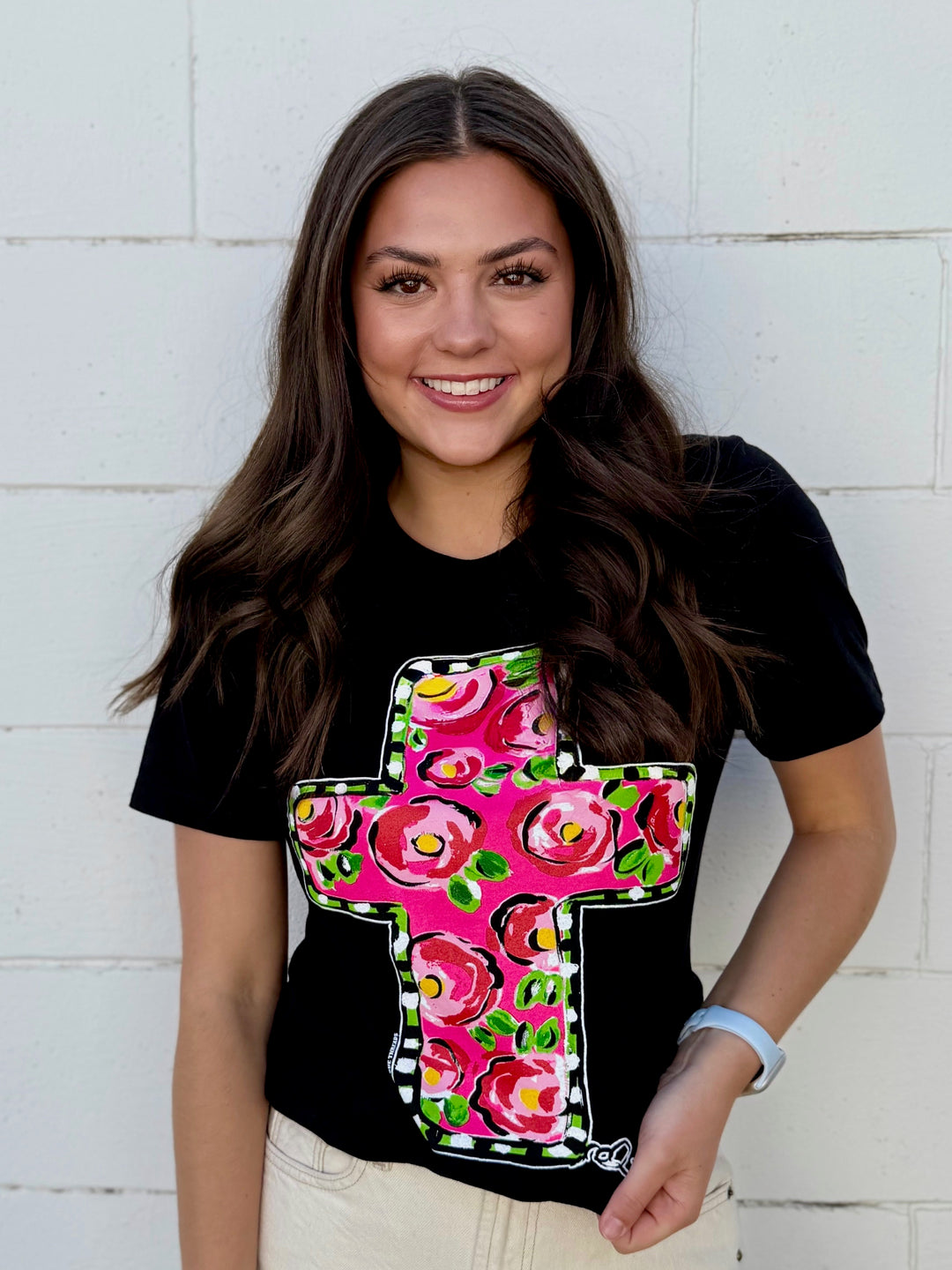 Callie Ann Stelter Floral Pink Cross Tee by Texas True Threads