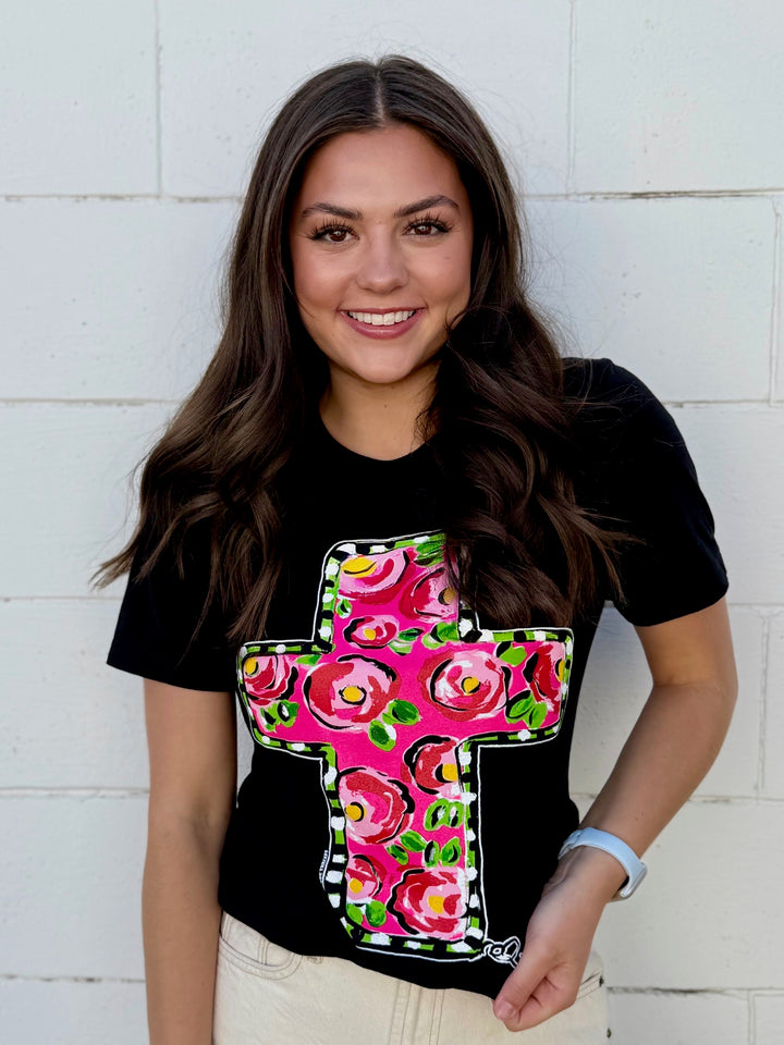 Callie Ann Stelter Floral Pink Cross Tee by Texas True Threads
