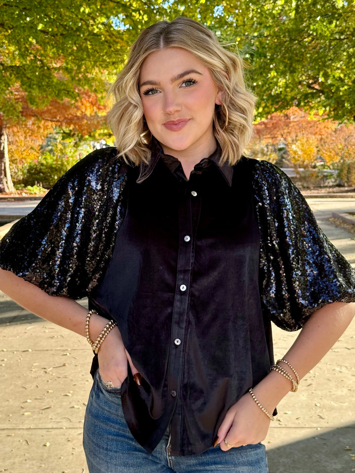 Spinning Sequin Puff Sleeve Velvet Top