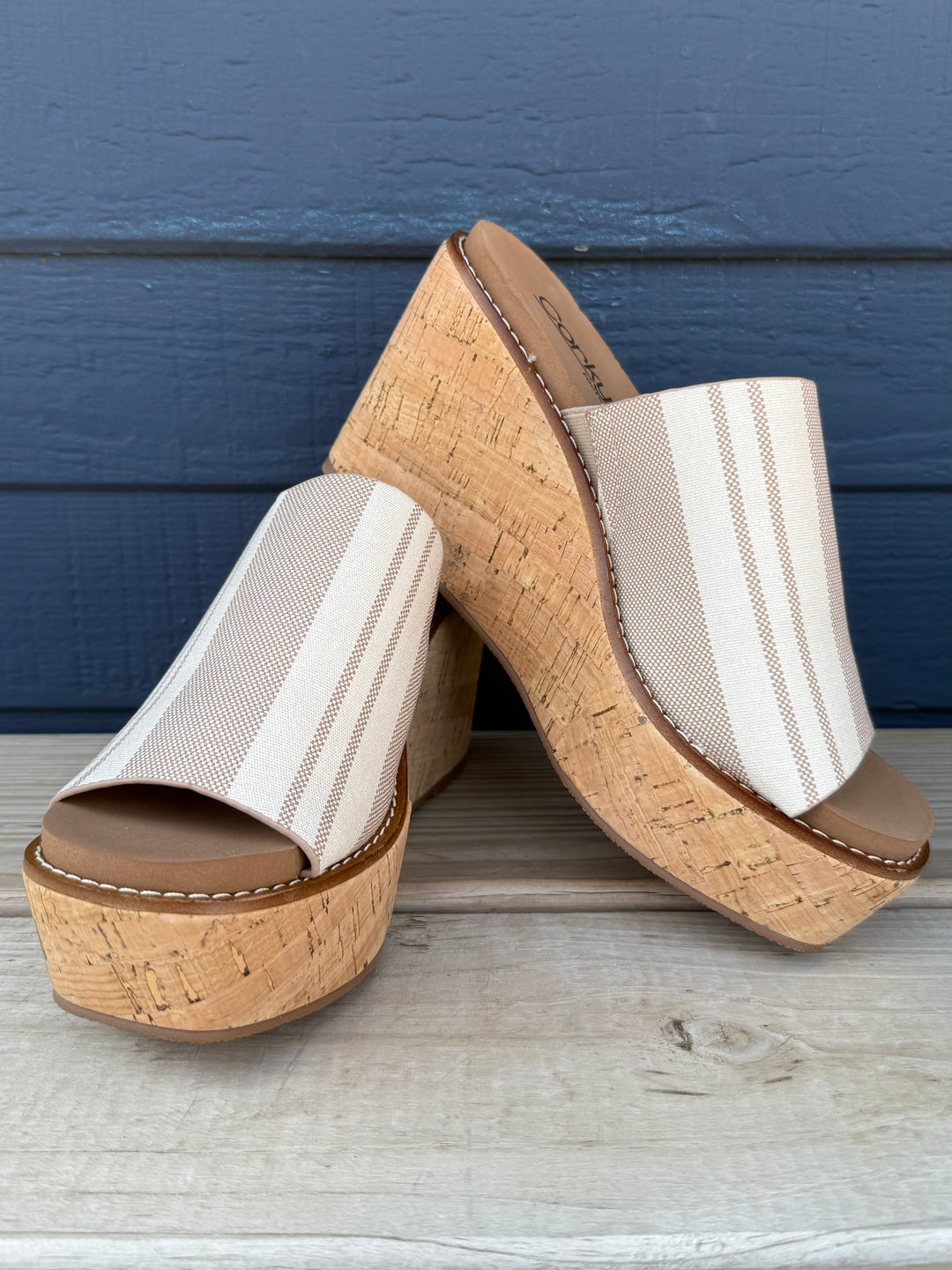 Mugshot Tan Natural Stripe Slip On Wedge by Corkys