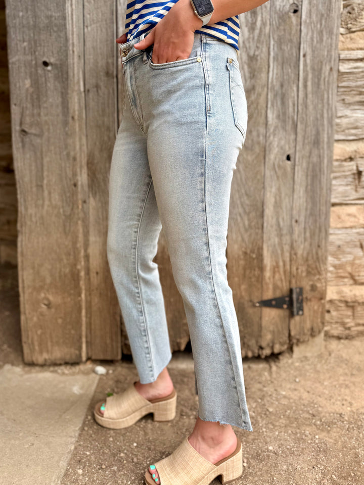 Quinn Mid Rise Raw Hem Kick Flare Jean by Judy Blue
