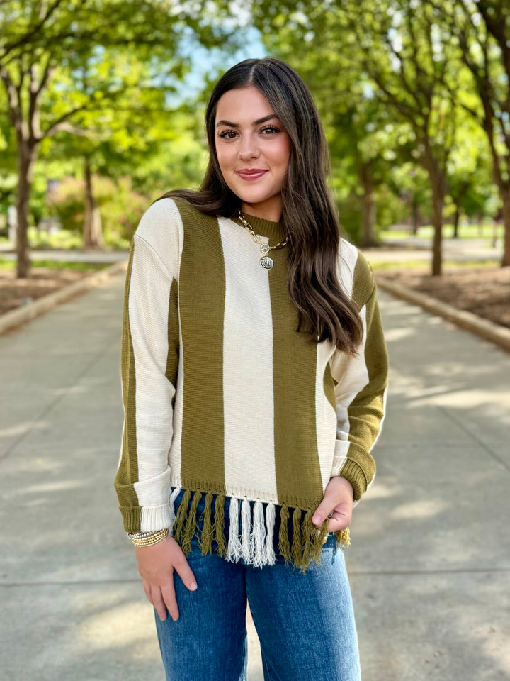 Fringe Fun Olive Stripe Sweater