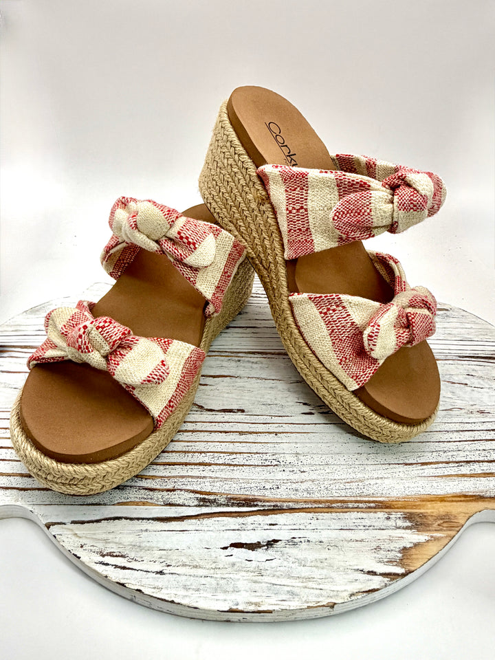 Tie The Knot Red Striped Wedge Sandal by Corkys