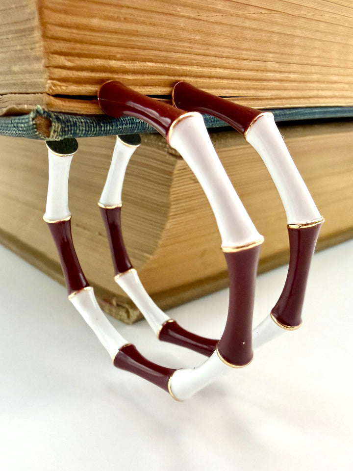 Maroon and White Bamboo Style Hoop Earrings