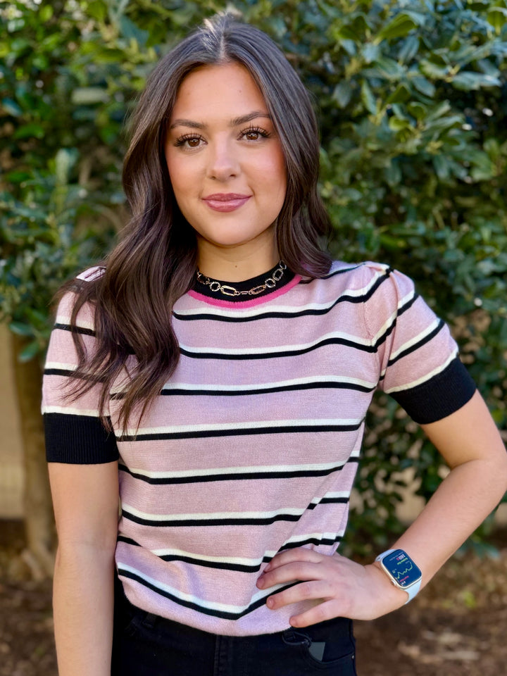 Sweet Escape Pink Stripe Puff Sleeve Sweater