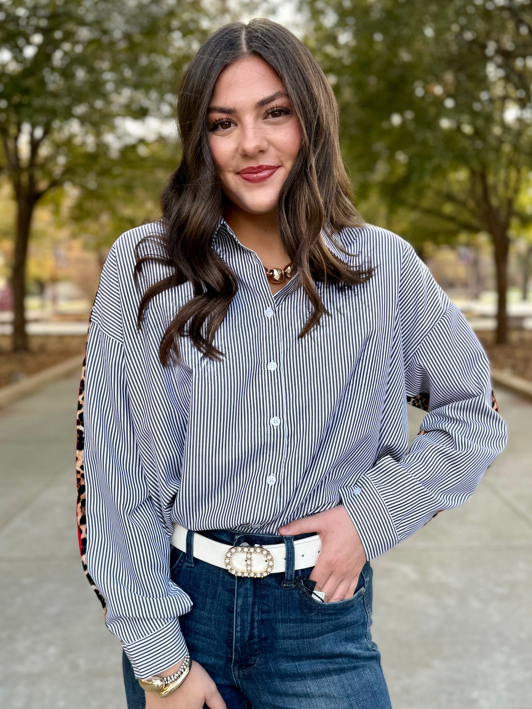 Leopard Edge Striped Button Up Top