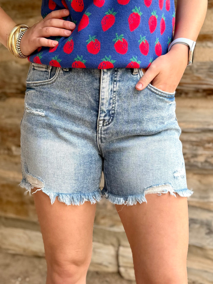 Skylar Mid Rise Tummy Control Distressed Shorts by Risen