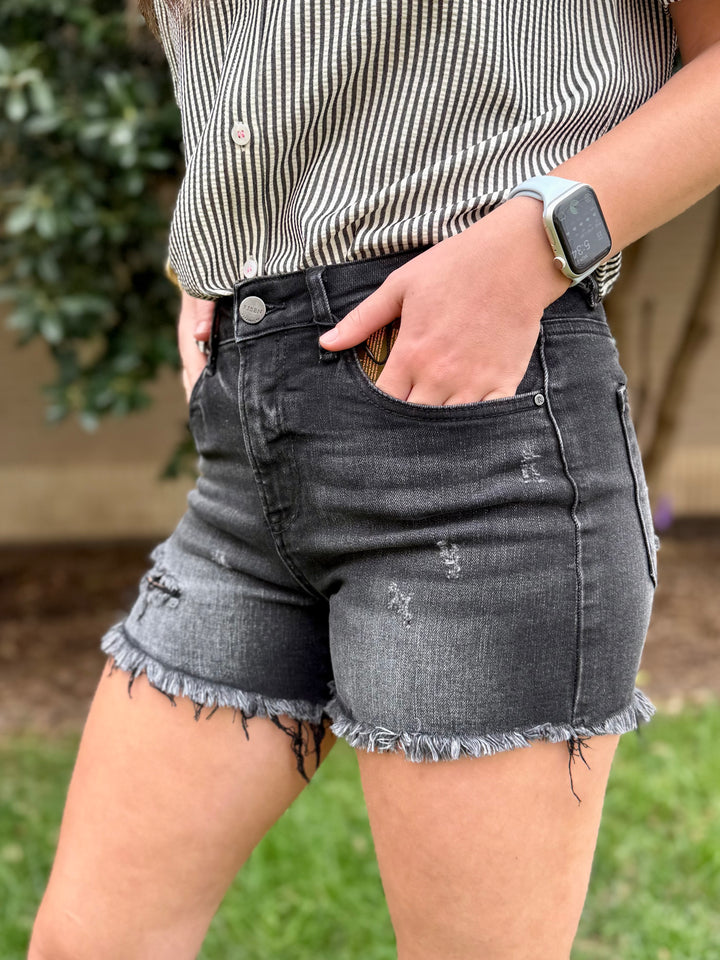Finley High Rise Raw Hem Distressed Shorts by Risen