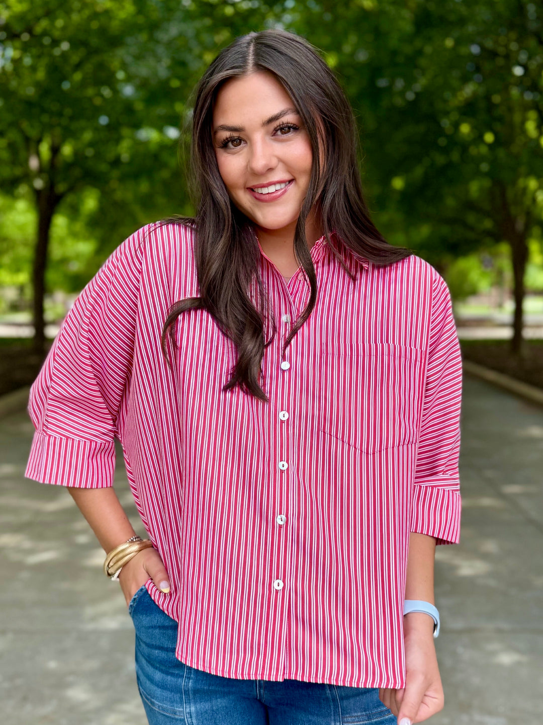 Red Relaxed Striped Button Up Top