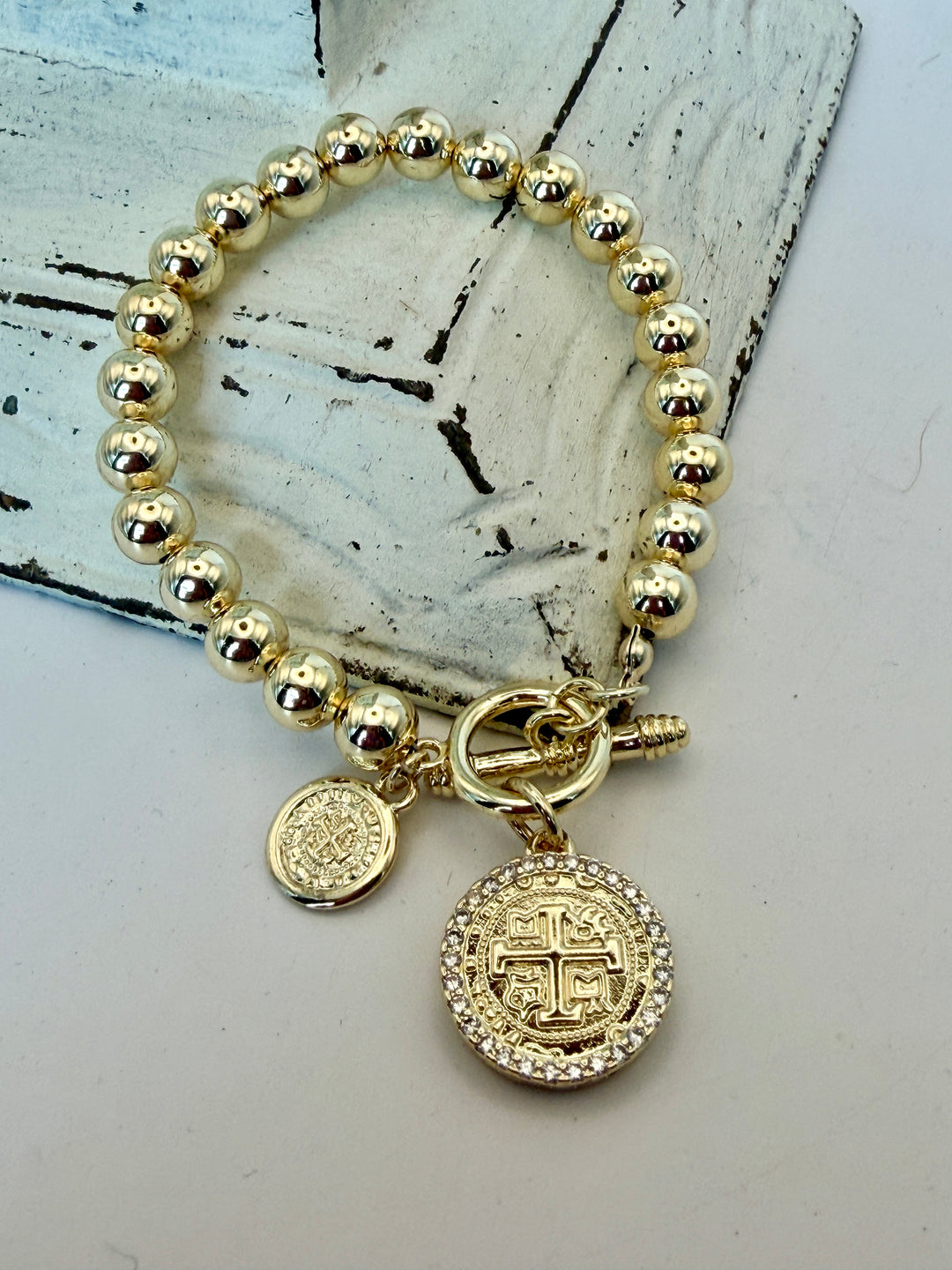 Toggle Clasp Gold Beaded Coin Bracelet