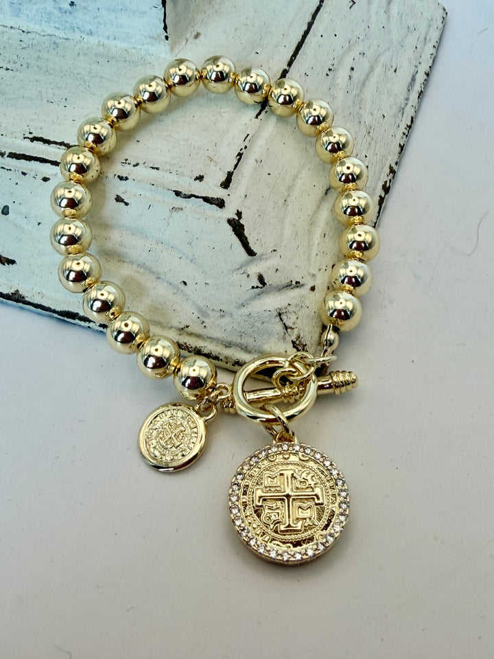 Toggle Clasp Gold Beaded Coin Bracelet