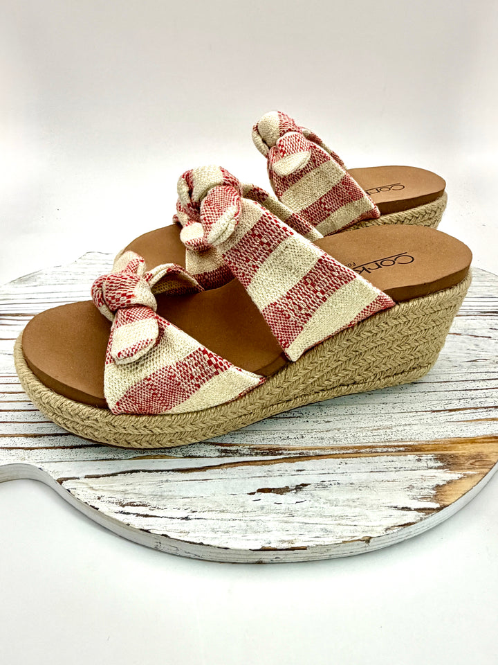 Tie The Knot Red Striped Wedge Sandal by Corkys