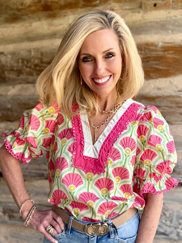 Coral Sweet Bloom V-Neck Blouse