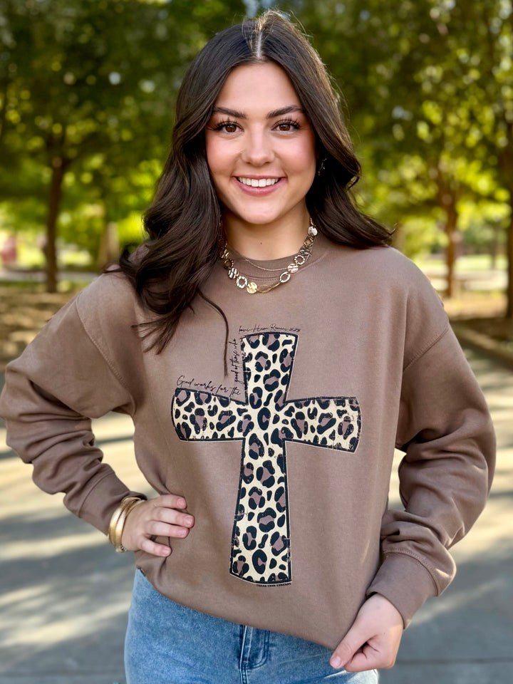 Romans 8:28 Leopard Cross Sweatshirt by Texas True Threads